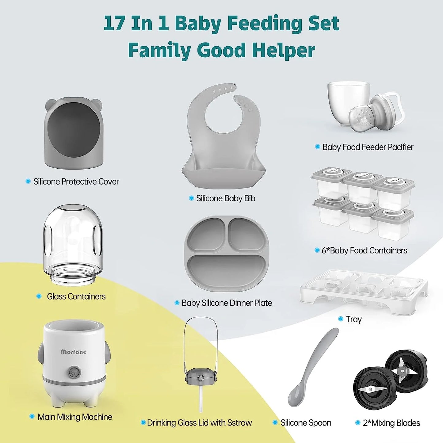 Baby Food Maker, 17-In-1 Baby Food Processor Set for Baby Food, Fruit, Vegatable, Meat, Baby Food Puree Blender with Baby Food Containers, Food Freezer Tray, Silicone Spoons, Spatula (Gray)